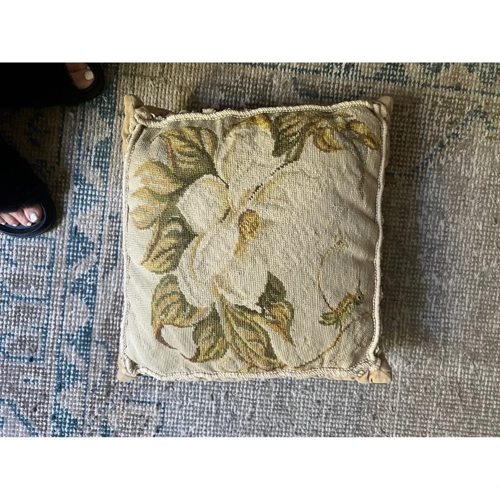 Vintage Needlepoint Magnolia Hummingbird Floral Throw Pillow Velvet Back 18x18